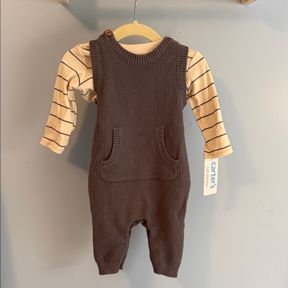 Carter's Brown Knit Overall Set with Cream Striped Tee